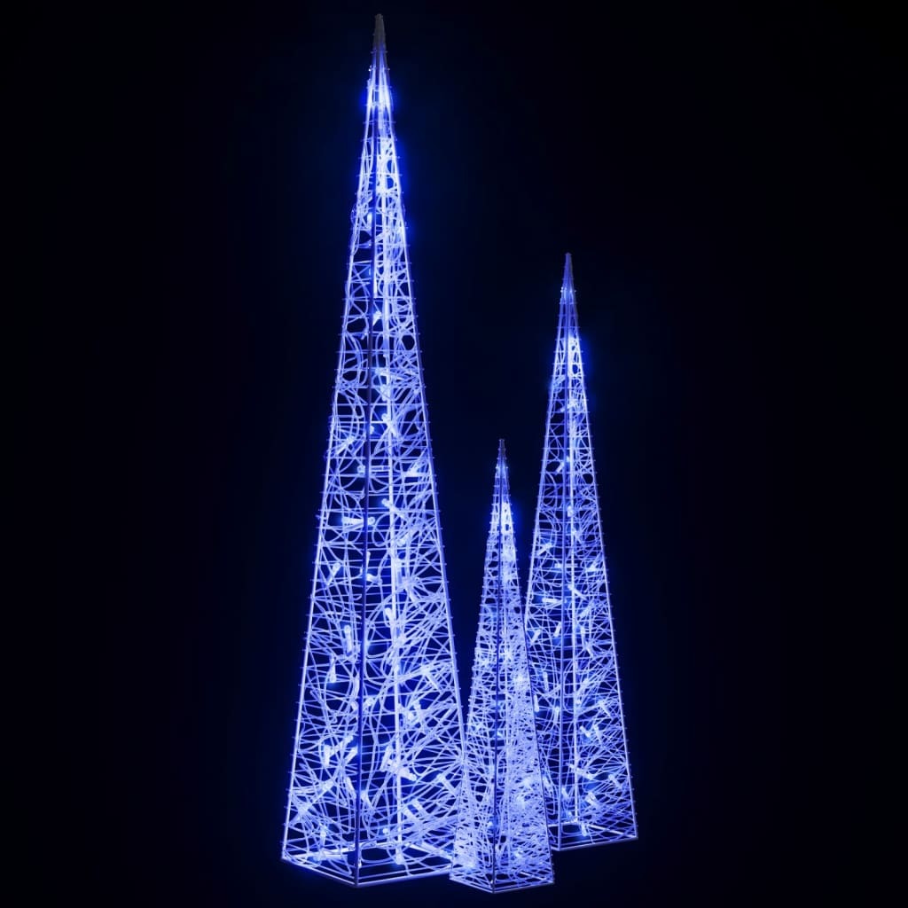 Set of 3 Blue LED Acrylic Christmas Light Cones – 60/90/120cm – Indoor & Outdoor Decoration