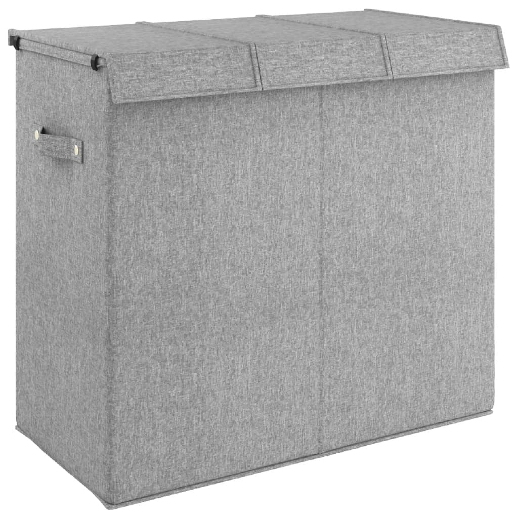 Foldable 3-Section Laundry Hamper with Lid & Handles – Grey Faux Linen