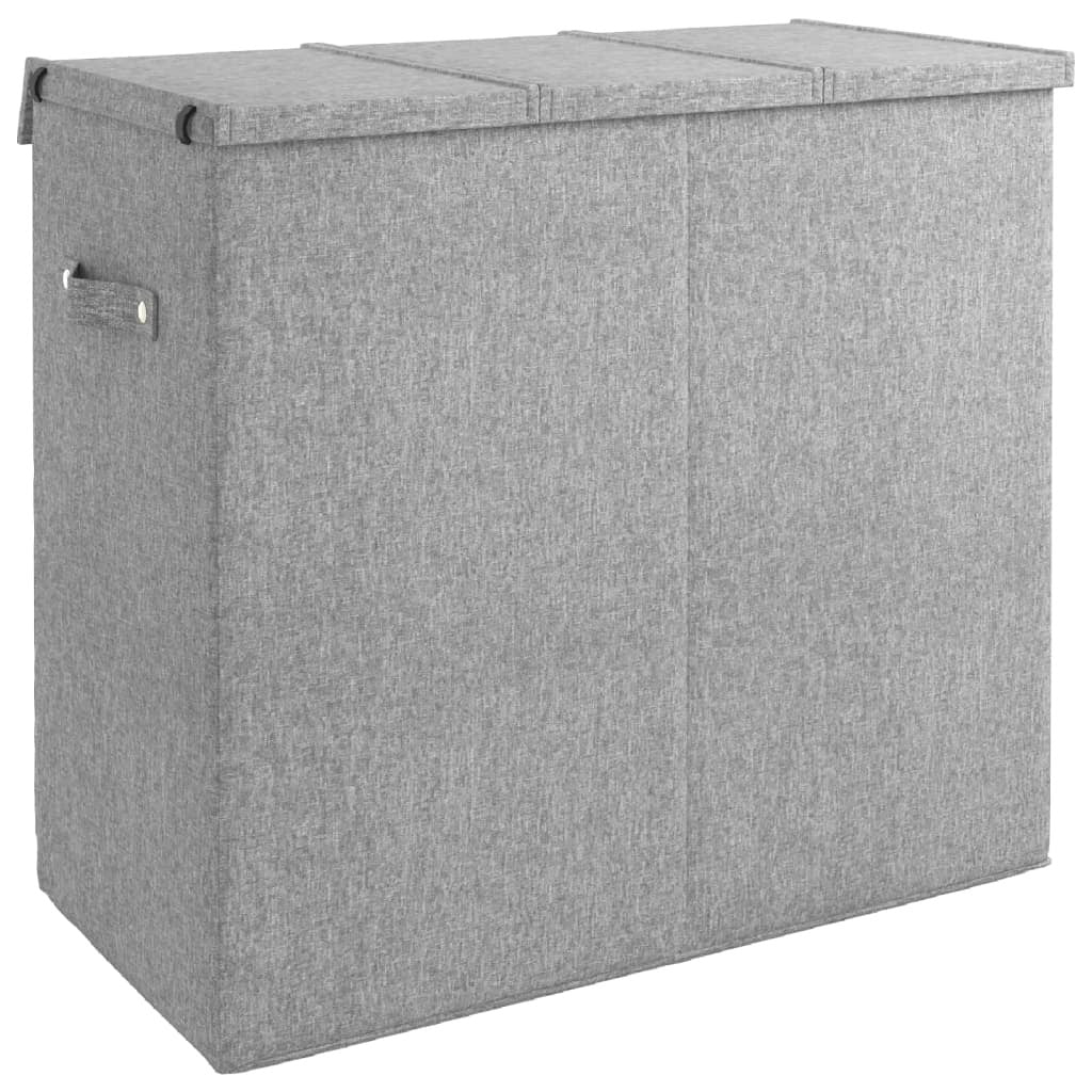 Foldable 3-Section Laundry Hamper with Lid & Handles – Grey Faux Linen