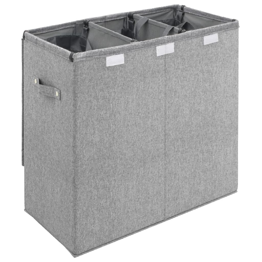 Foldable 3-Section Laundry Hamper with Lid & Handles – Grey Faux Linen