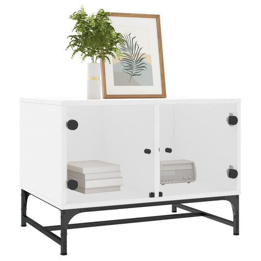 Modern White Coffee Table with Glass Doors – Engineered Wood Storage Table (68.5x50x50 cm)