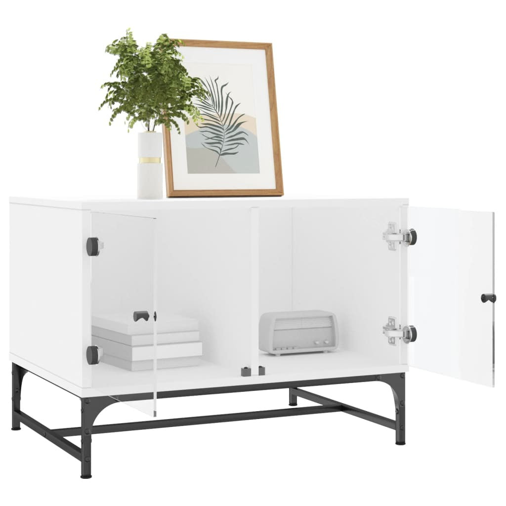 Modern White Coffee Table with Glass Doors – Engineered Wood Storage Table (68.5x50x50 cm)