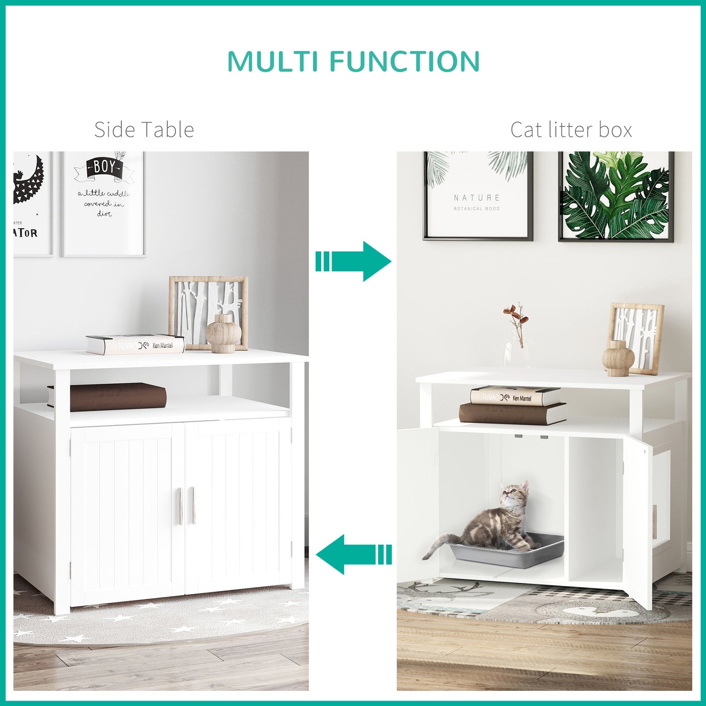 PawHut Cat Litter Box Furniture – Side Table Cabinet with Magnetic Doors, White