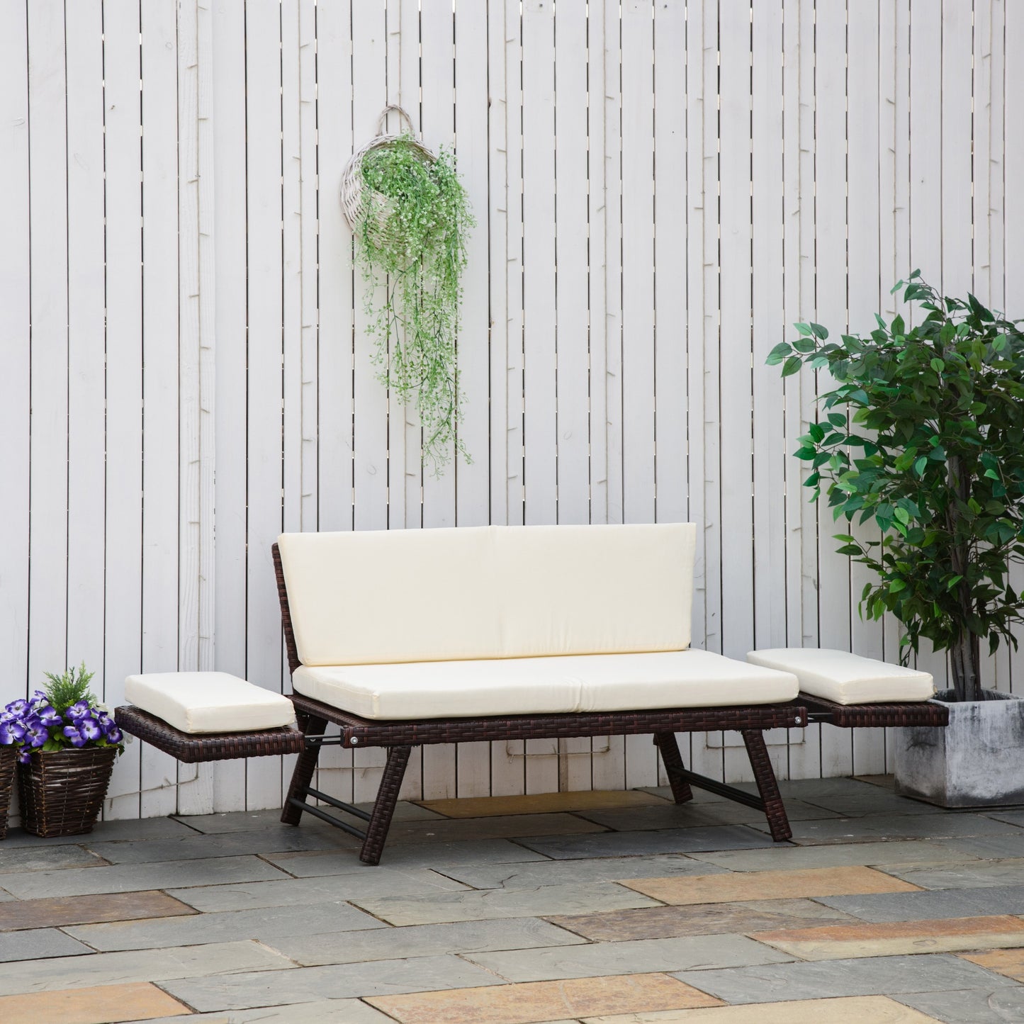 Outsunny 2-Seater 2-in-1 Rattan Convertible Sofa Daybed – Brown