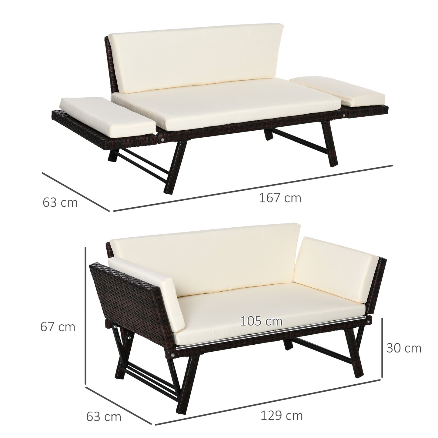 Outsunny 2-Seater 2-in-1 Rattan Convertible Sofa Daybed – Brown