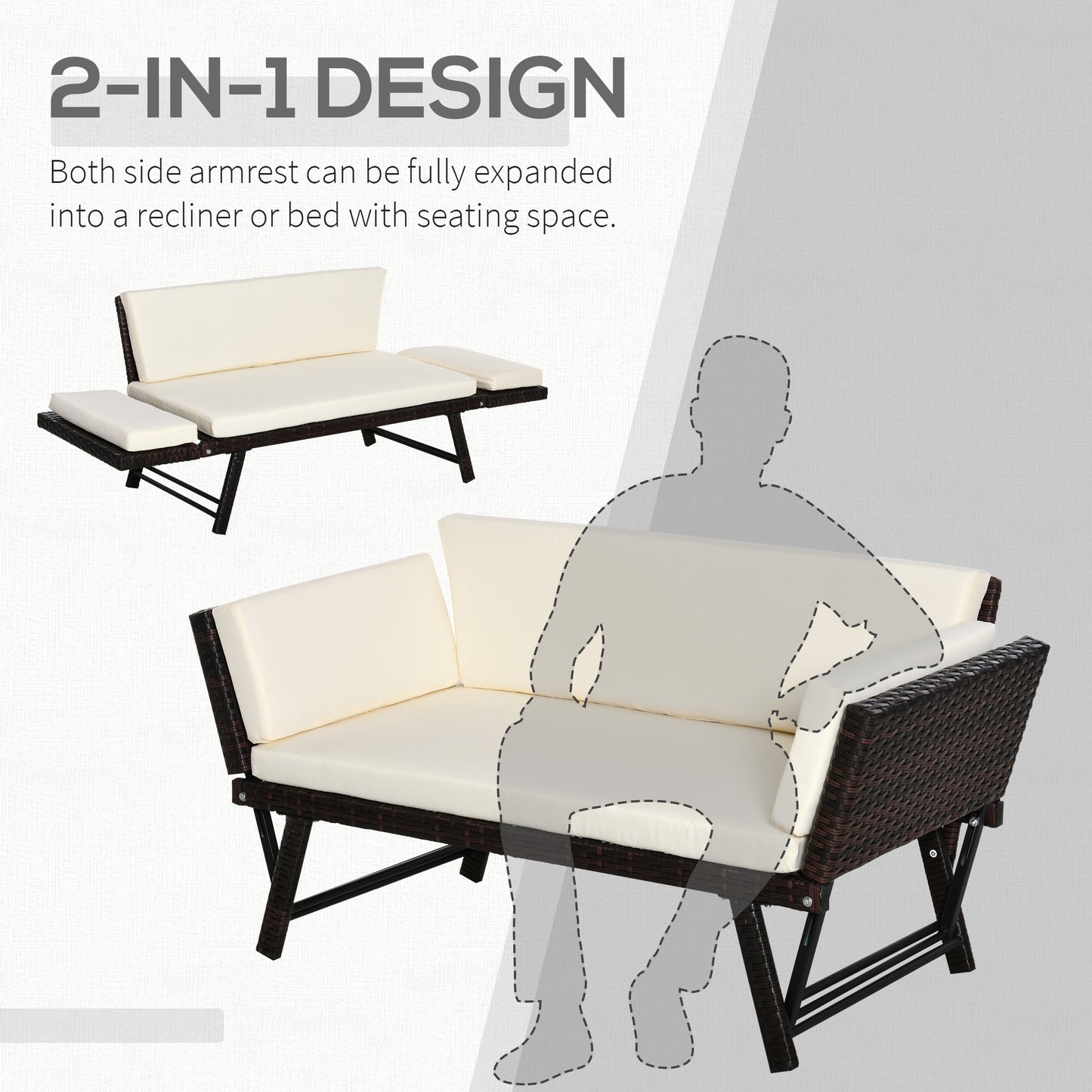 Outsunny 2-Seater 2-in-1 Rattan Convertible Sofa Daybed – Brown