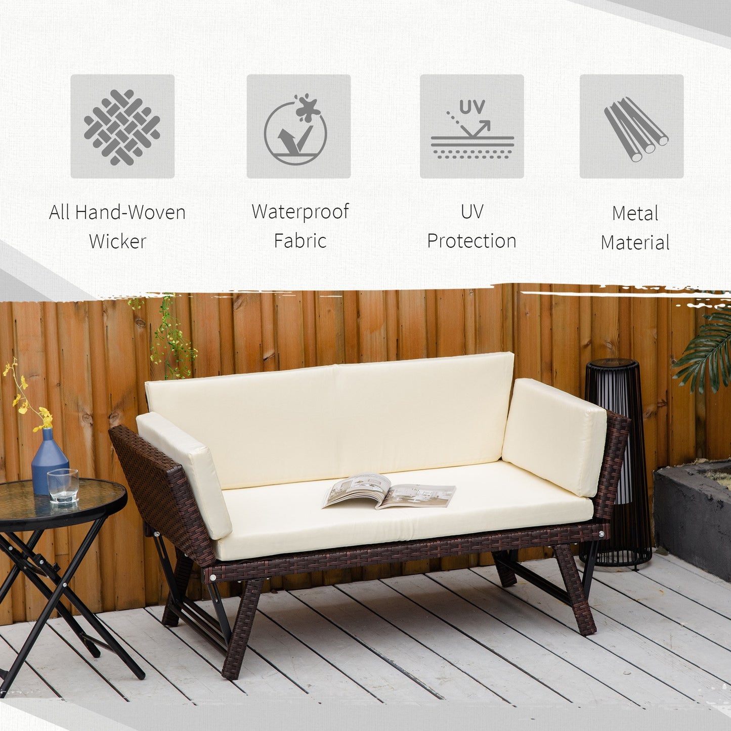 Outsunny 2-Seater 2-in-1 Rattan Convertible Sofa Daybed – Brown