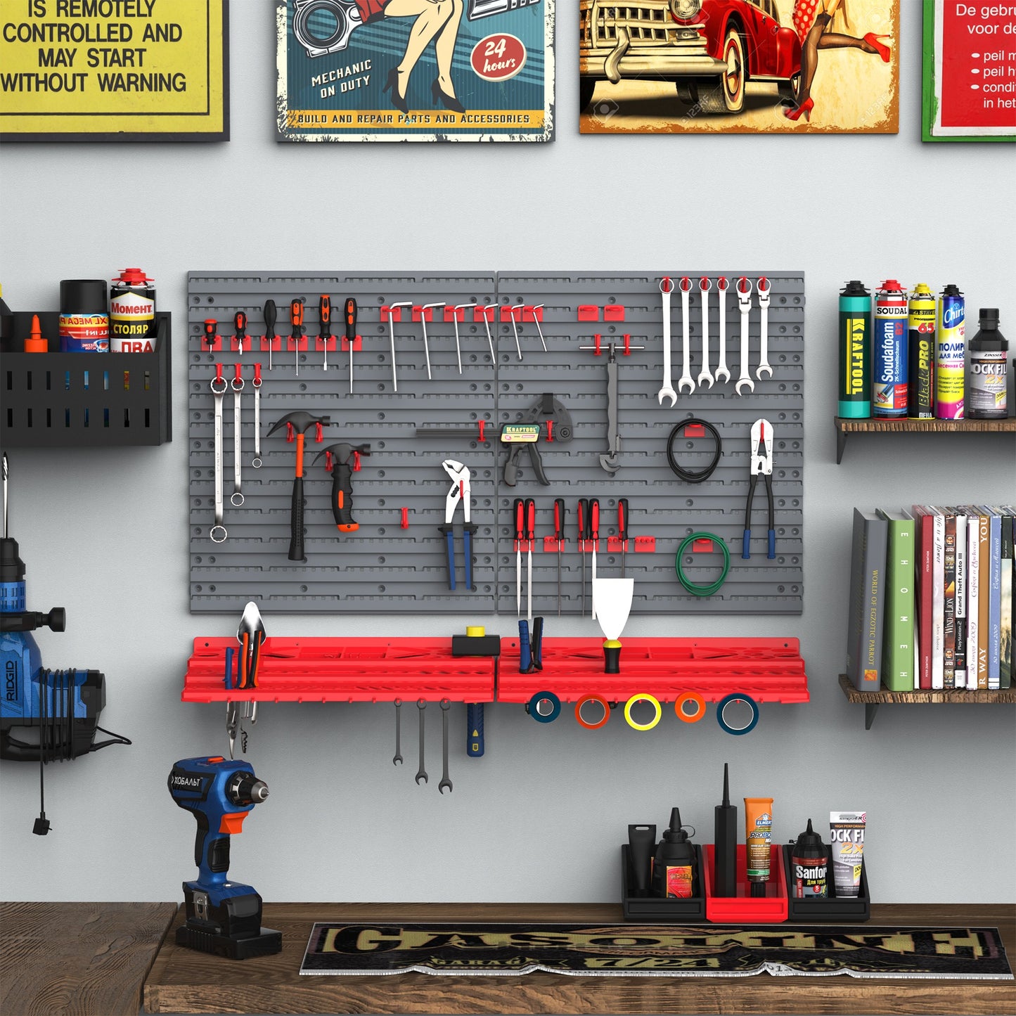 Wall Mounted Garage Tool Organiser – Heavy-Duty Pegboard Storage Unit (Grey/Red)
