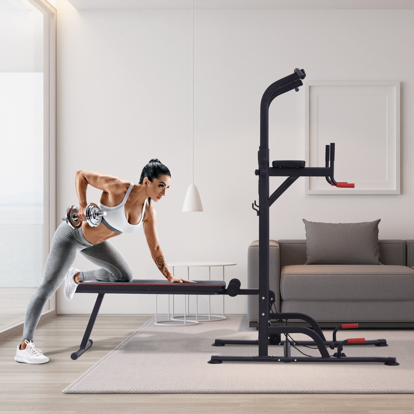 Multifunction Home Gym Station ā Steel Frame Workout Tower with Bench, Bars & Ropes by HOMCOM