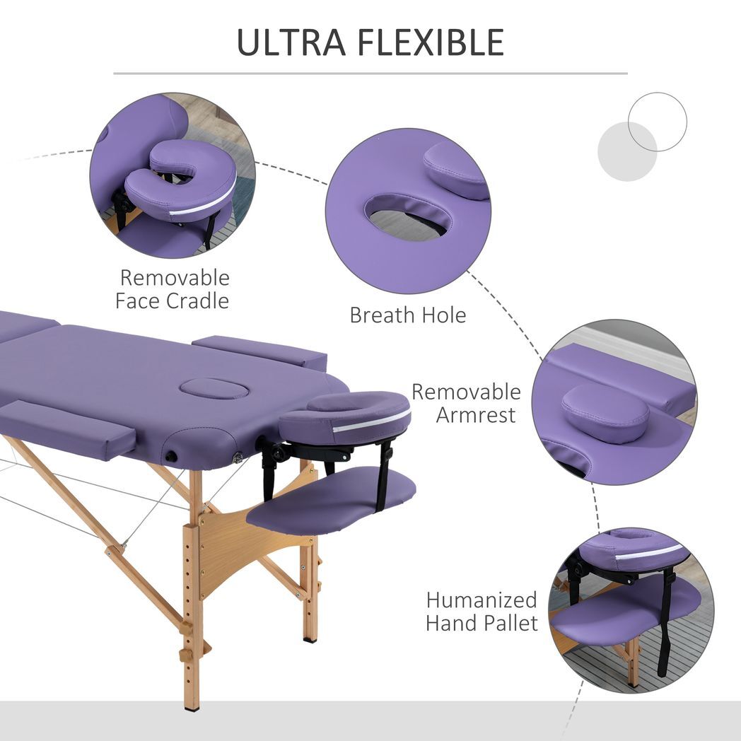 Purple Portable Massage Table – 2-Section Folding Spa & Beauty Bed with Carry Case