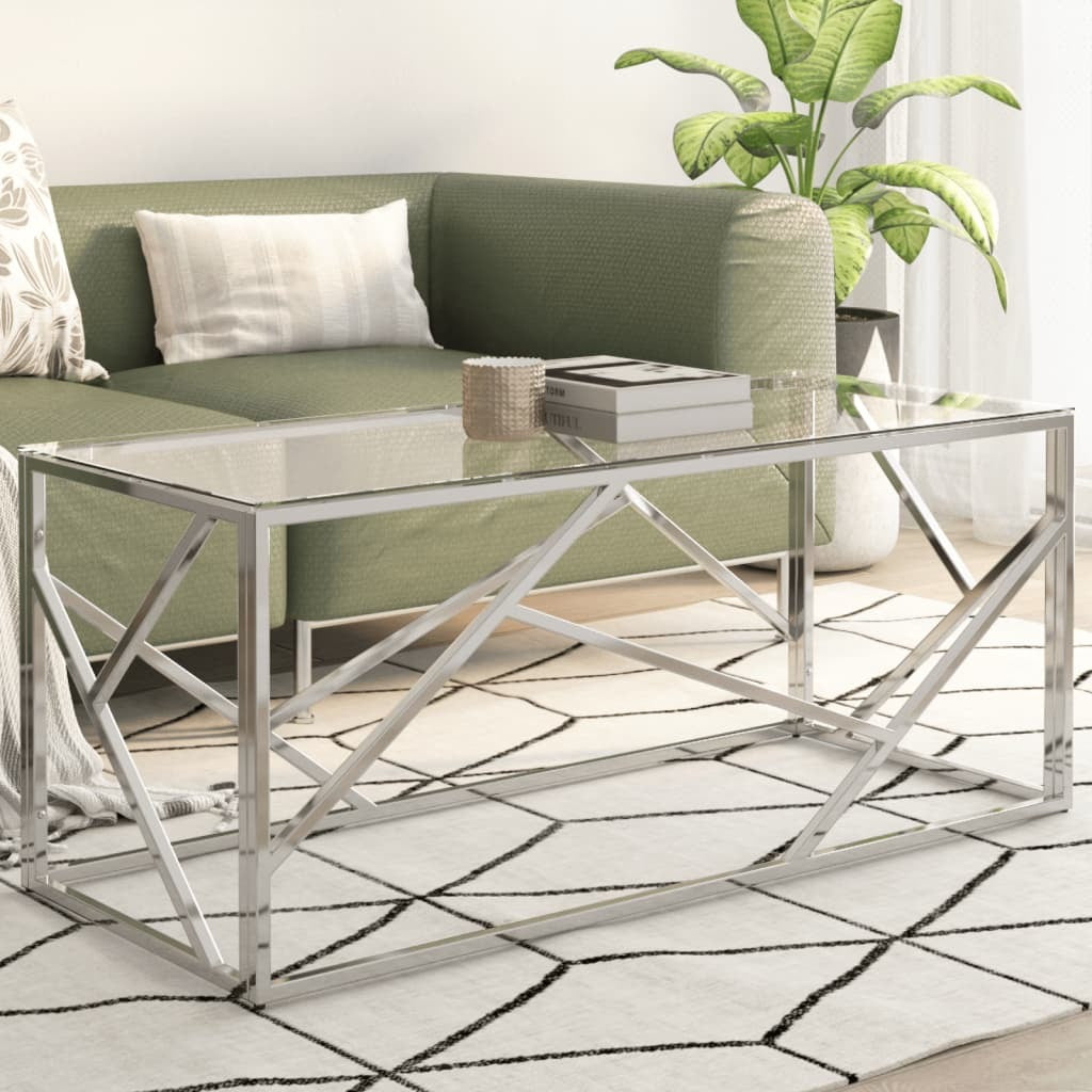 Modern Silver Coffee Table – Stainless Steel Frame & Tempered Glass Top | 110x45x45 cm