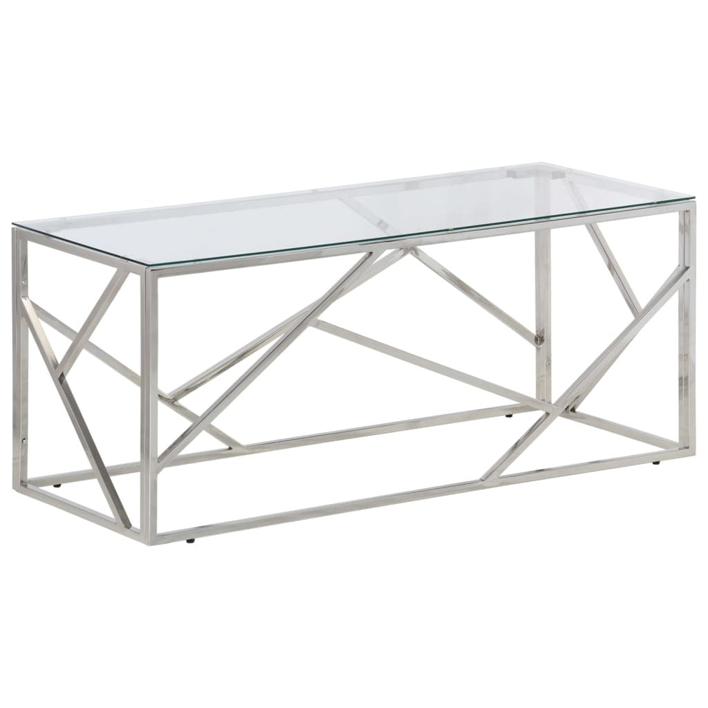 Modern Silver Coffee Table – Stainless Steel Frame & Tempered Glass Top | 110x45x45 cm