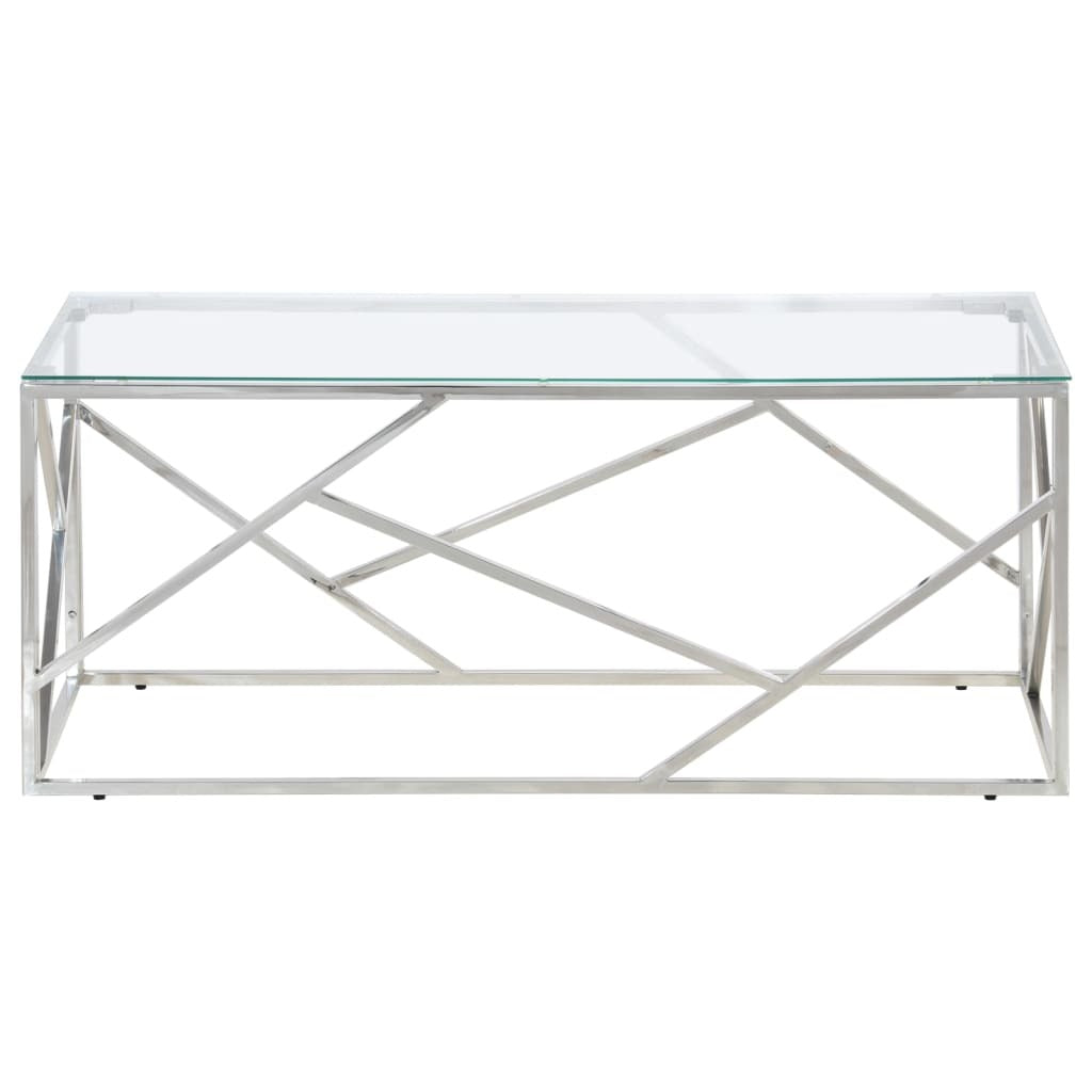 Modern Silver Coffee Table – Stainless Steel Frame & Tempered Glass Top | 110x45x45 cm