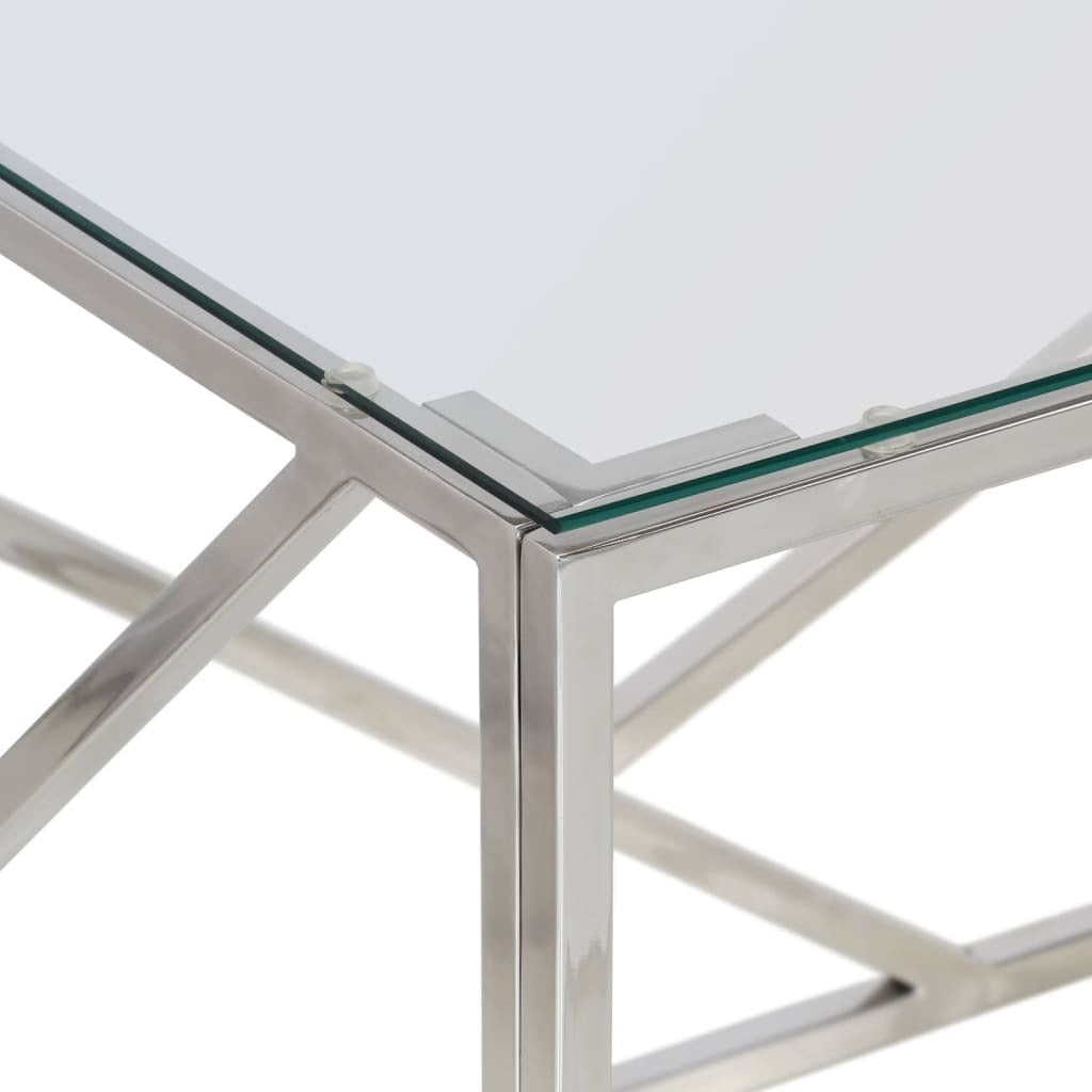 Modern Silver Coffee Table – Stainless Steel Frame & Tempered Glass Top | 110x45x45 cm