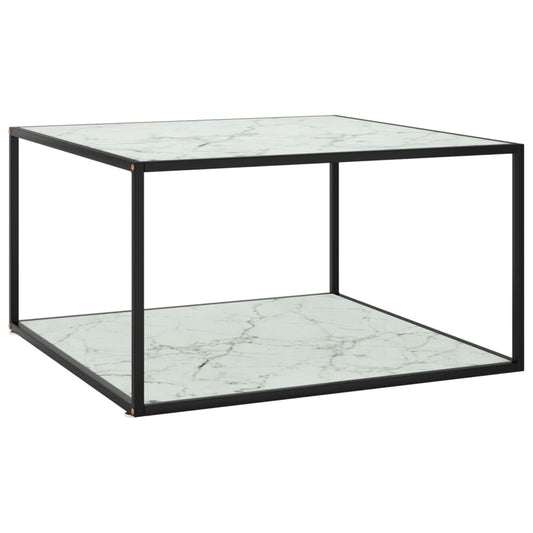 Black Coffee Table with White Marble Glass – 90x90x50 cm | Modern Square Table with Tempered Glass Top