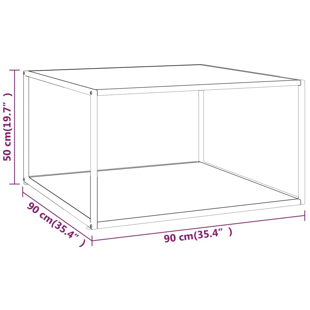 Black Coffee Table with White Marble Glass – 90x90x50 cm | Modern Square Table with Tempered Glass Top