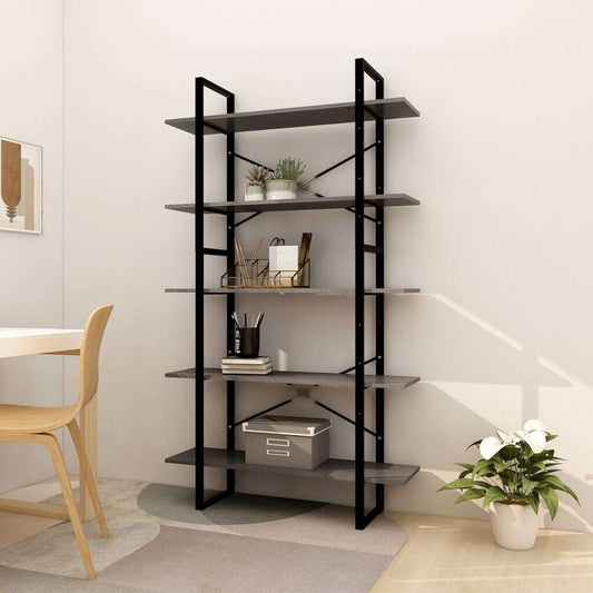 5-Tier Grey Book Cabinet – 100x30x175 cm | Pinewood Bookshelf with Tall Vertical Storage