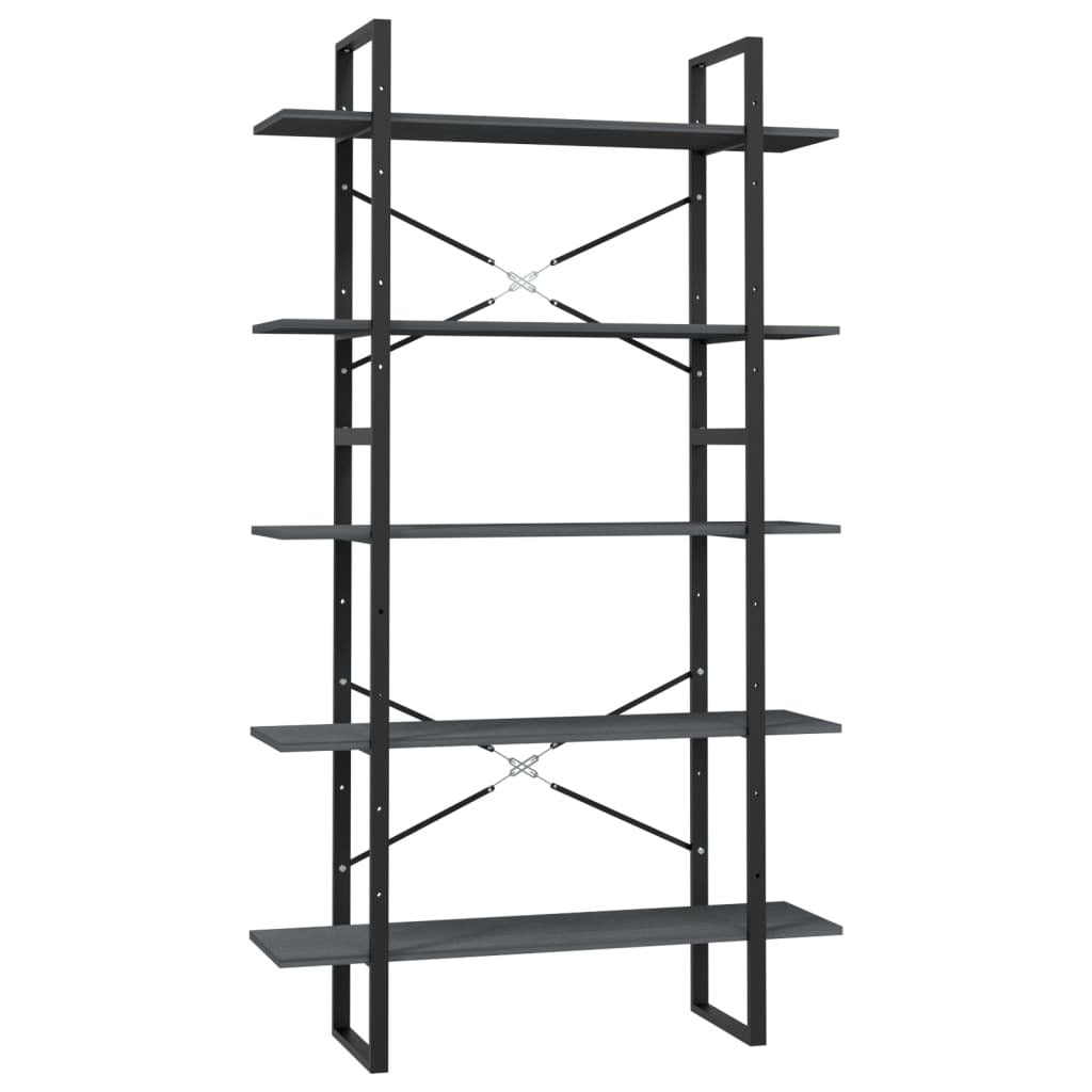 5-Tier Grey Book Cabinet – 100x30x175 cm | Pinewood Bookshelf with Tall Vertical Storage