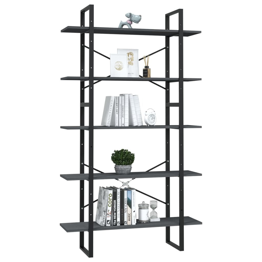 5-Tier Grey Book Cabinet – 100x30x175 cm | Pinewood Bookshelf with Tall Vertical Storage