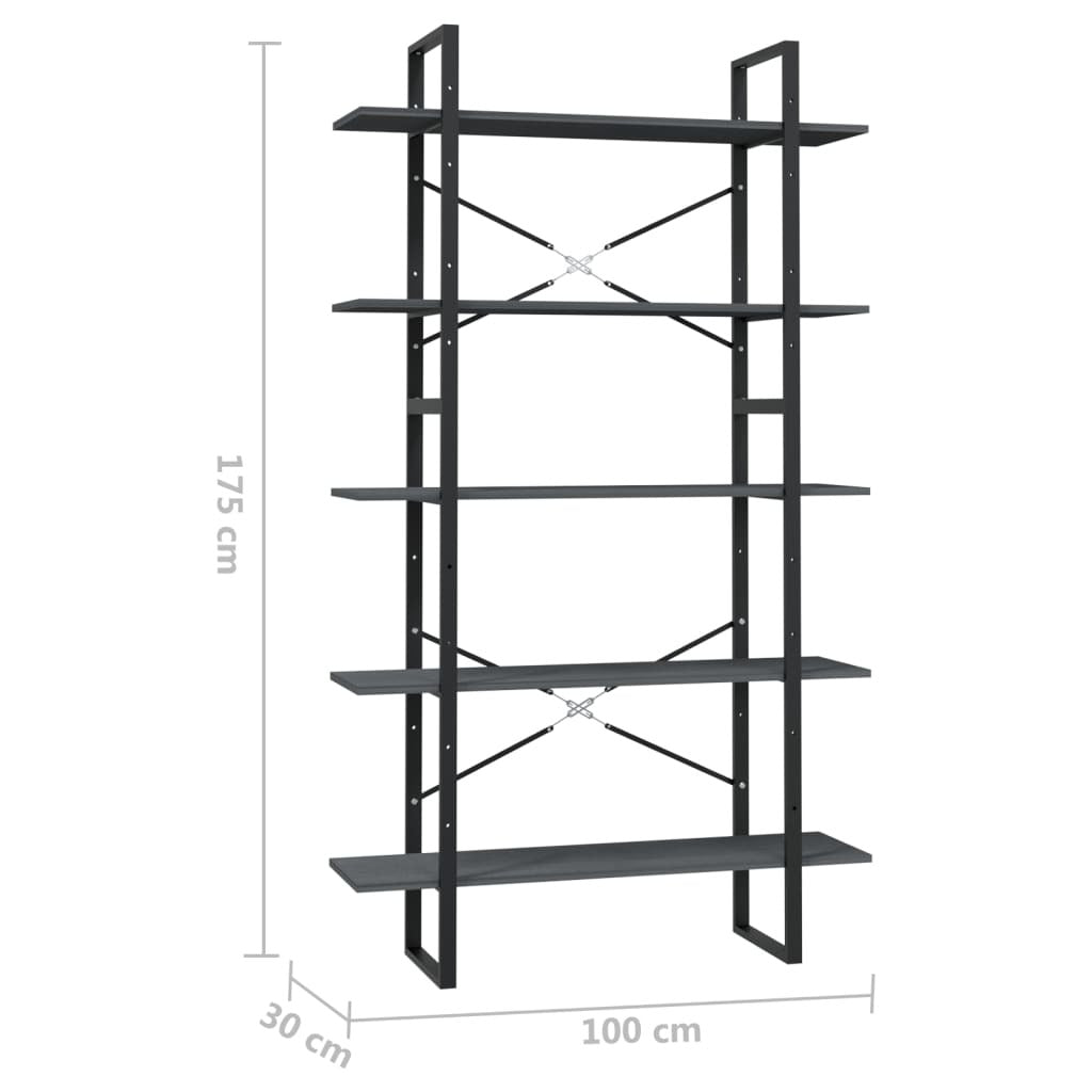 5-Tier Grey Book Cabinet – 100x30x175 cm | Pinewood Bookshelf with Tall Vertical Storage