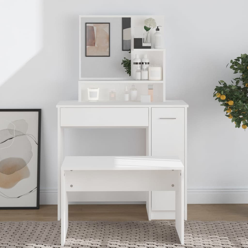 White Dressing Table with Mirror – 86.5x35x136 cm | Smoked Oak Finish | Modern Vanity Desk