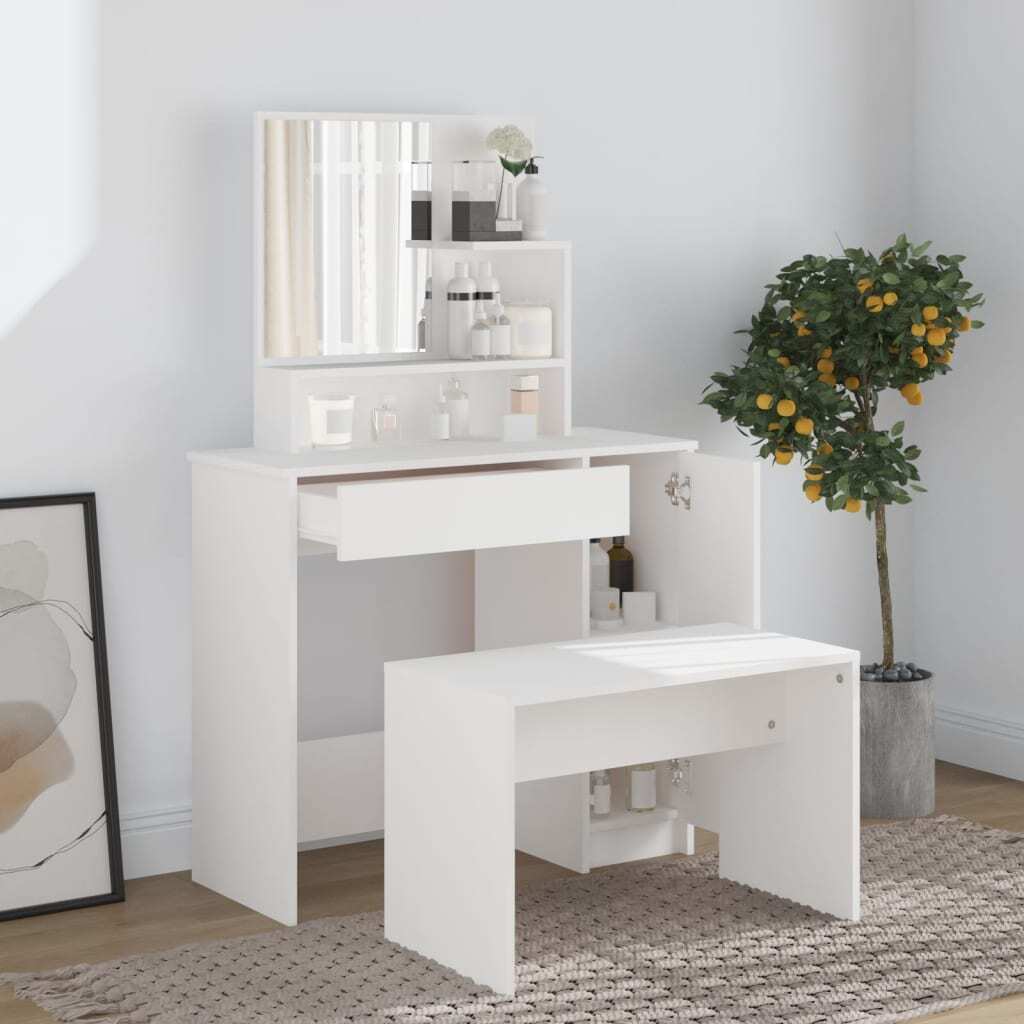White Dressing Table with Mirror – 86.5x35x136 cm | Smoked Oak Finish | Modern Vanity Desk