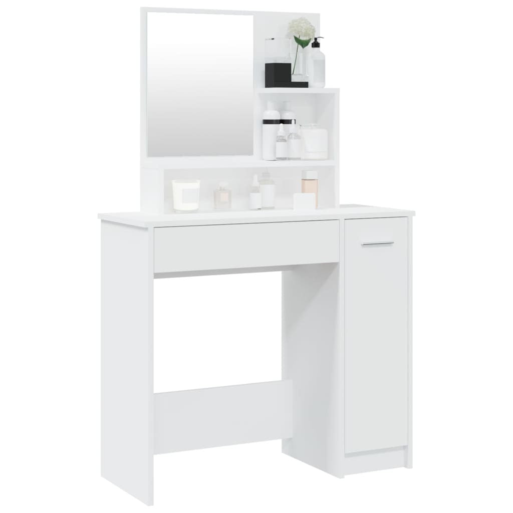 White Dressing Table with Mirror – 86.5x35x136 cm | Smoked Oak Finish | Modern Vanity Desk