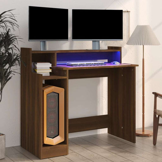 Brown Oak Desk with LED Lights – 97x90x45 cm | Engineered Wood Home Office Desk with Built-In Lighting