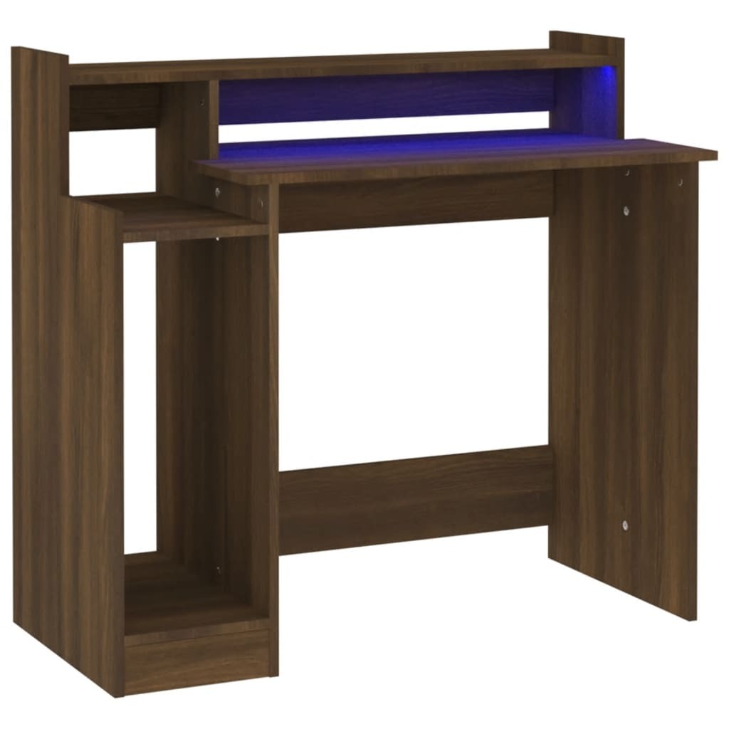 Brown Oak Desk with LED Lights – 97x90x45 cm | Engineered Wood Home Office Desk with Built-In Lighting
