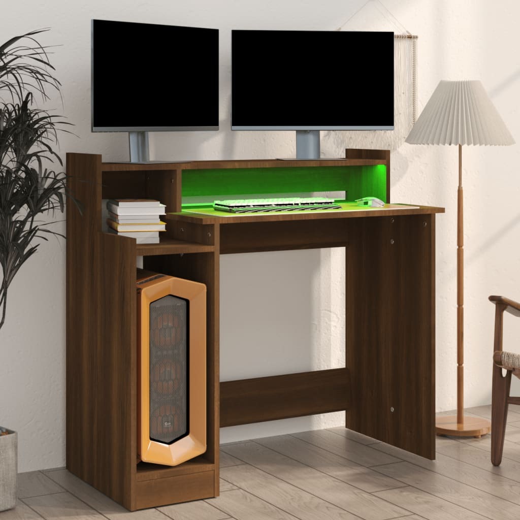 Brown Oak Desk with LED Lights – 97x90x45 cm | Engineered Wood Home Office Desk with Built-In Lighting