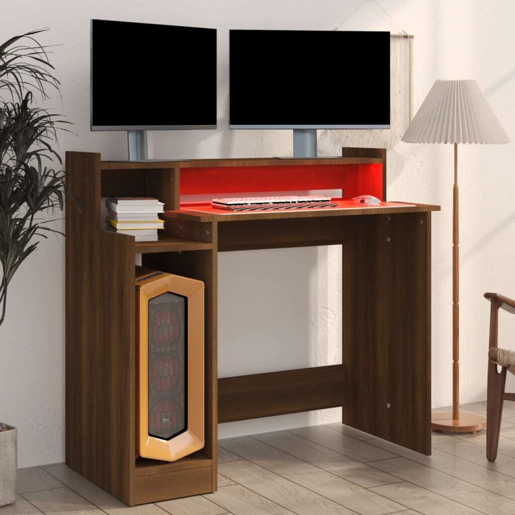 Brown Oak Desk with LED Lights – 97x90x45 cm | Engineered Wood Home Office Desk with Built-In Lighting