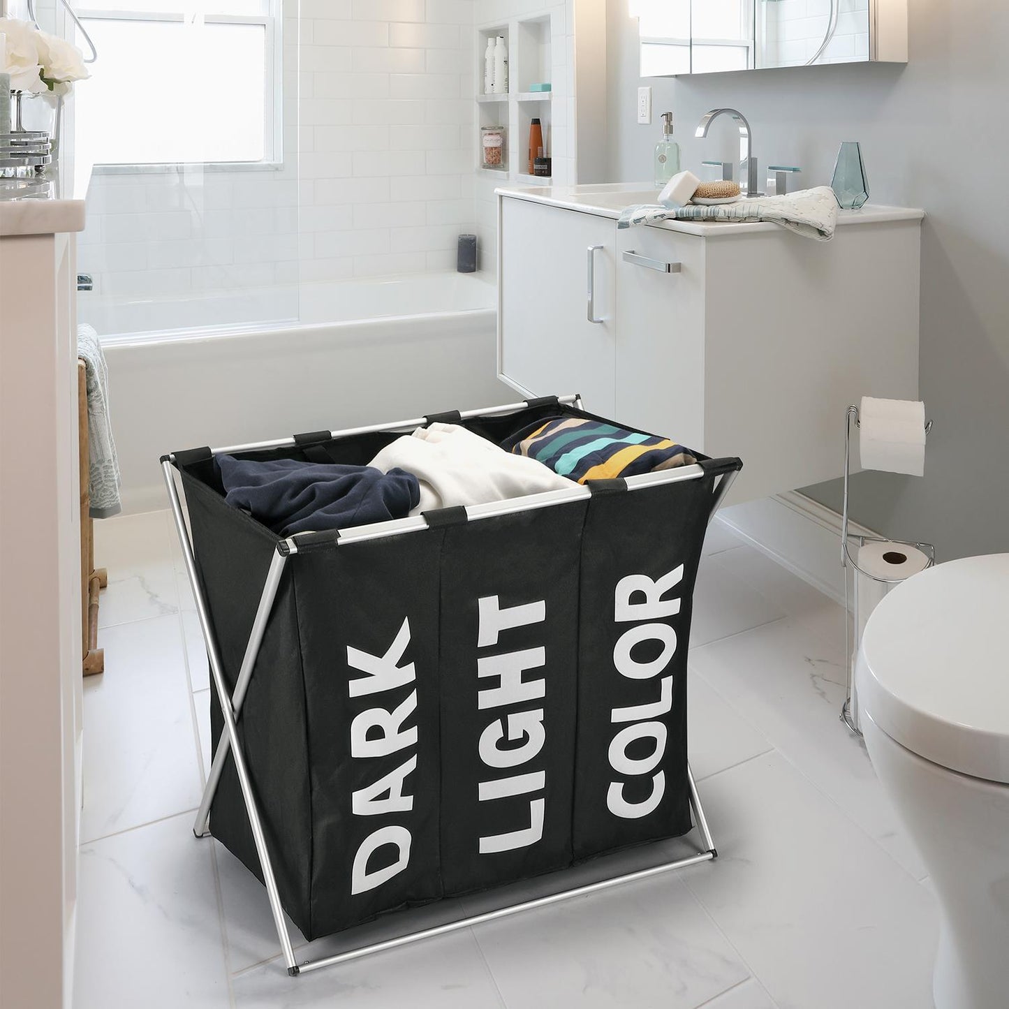 Vinsani X-Shape 3-Compartment Laundry Sorter – Black, Collapsible & Waterproof