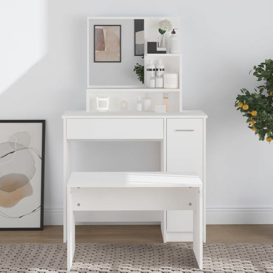 White Dressing Table with Mirror – 86.5x35x136 cm | Smoked Oak Finish | Modern Vanity Desk