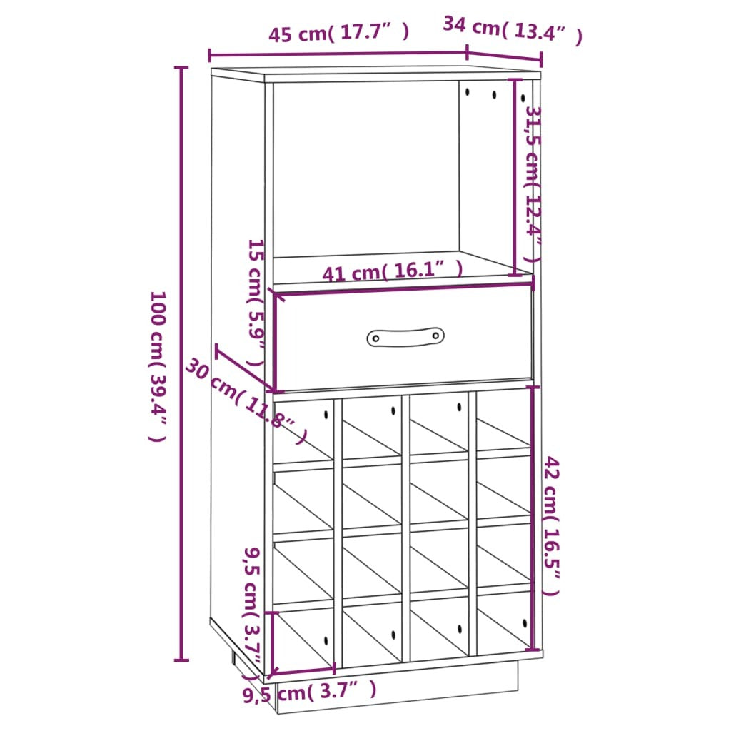 Wine Cabinet Solid Wood Pine – 45x34x100 cm – Sturdy Frame with Ample Storage for 16 Bottles