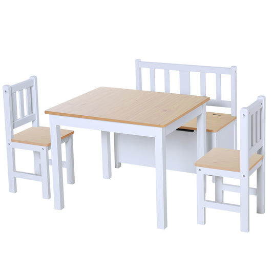 Kids Wooden Table, Chair & Storage Bench Set – 4 Piece | HOMCOM