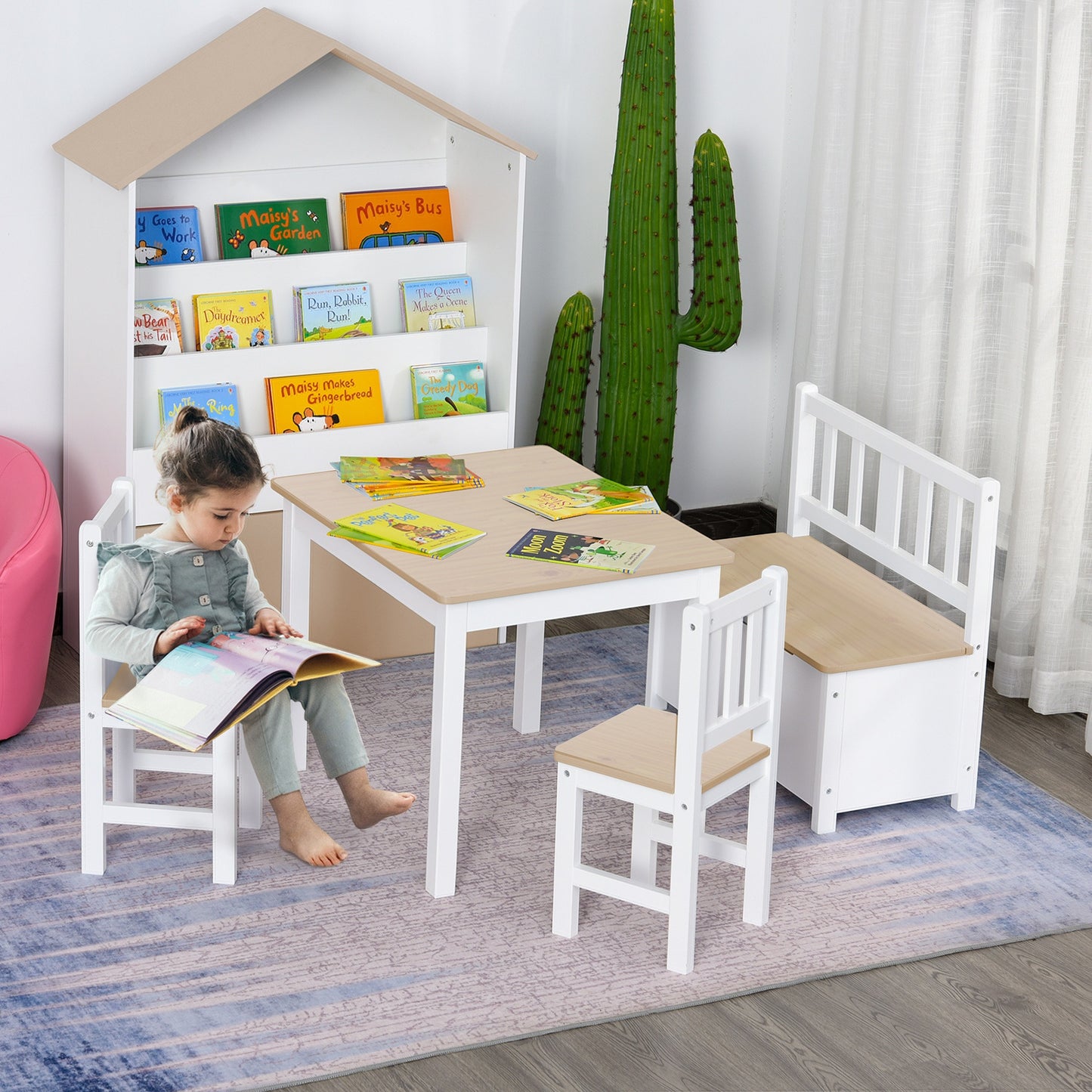 Kids Wooden Table, Chair & Storage Bench Set – 4 Piece | HOMCOM
