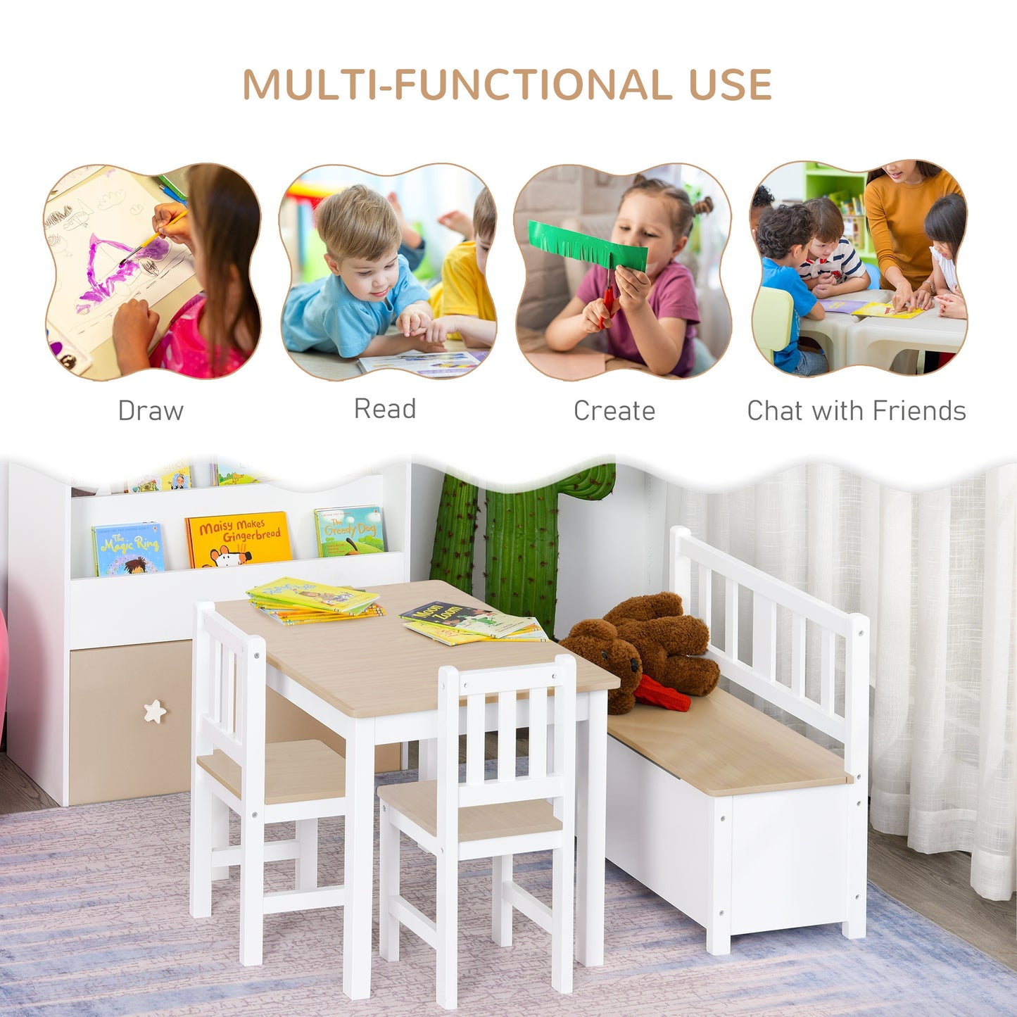 Kids Wooden Table, Chair & Storage Bench Set – 4 Piece | HOMCOM