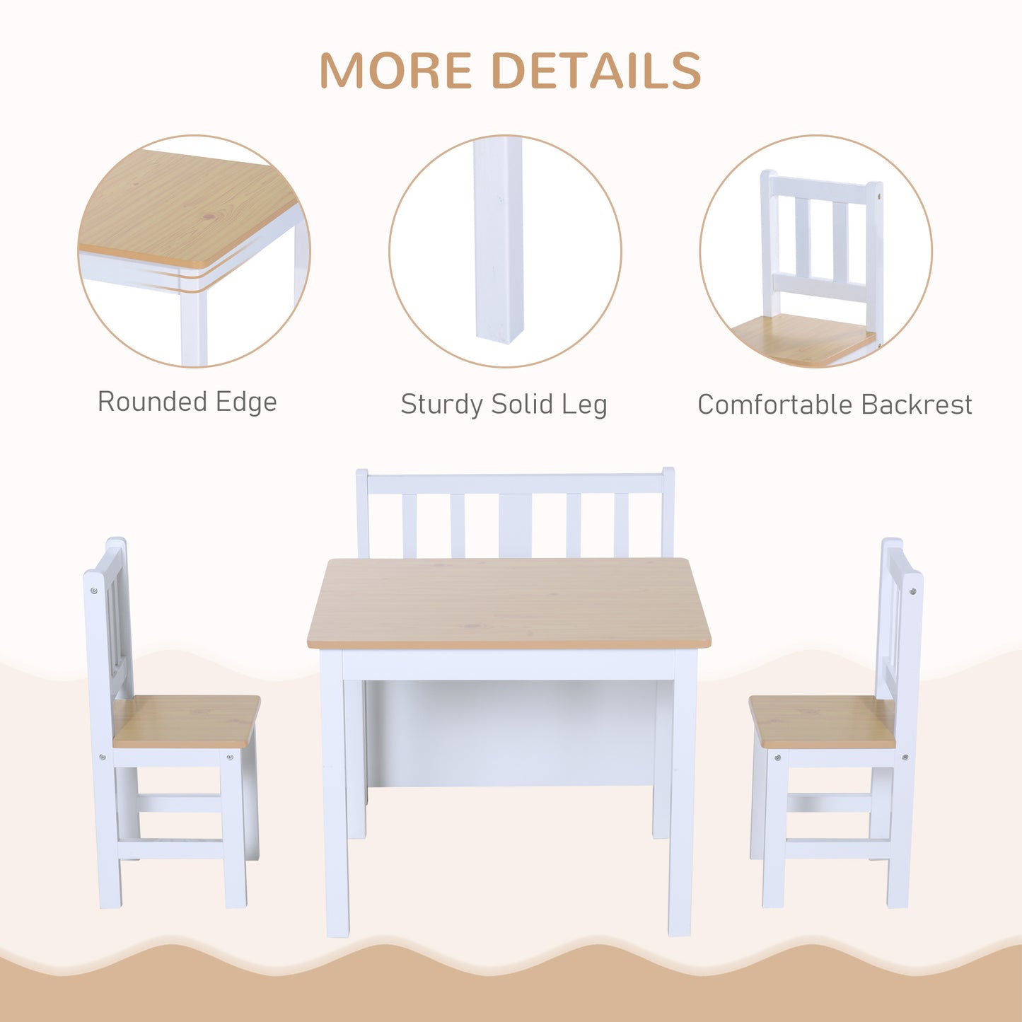 Kids Wooden Table, Chair & Storage Bench Set – 4 Piece | HOMCOM