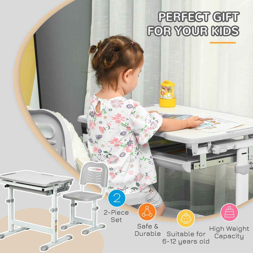 Adjustable Kids Desk and Chair Set – Tiltable Desktop with Storage by HOMCOM