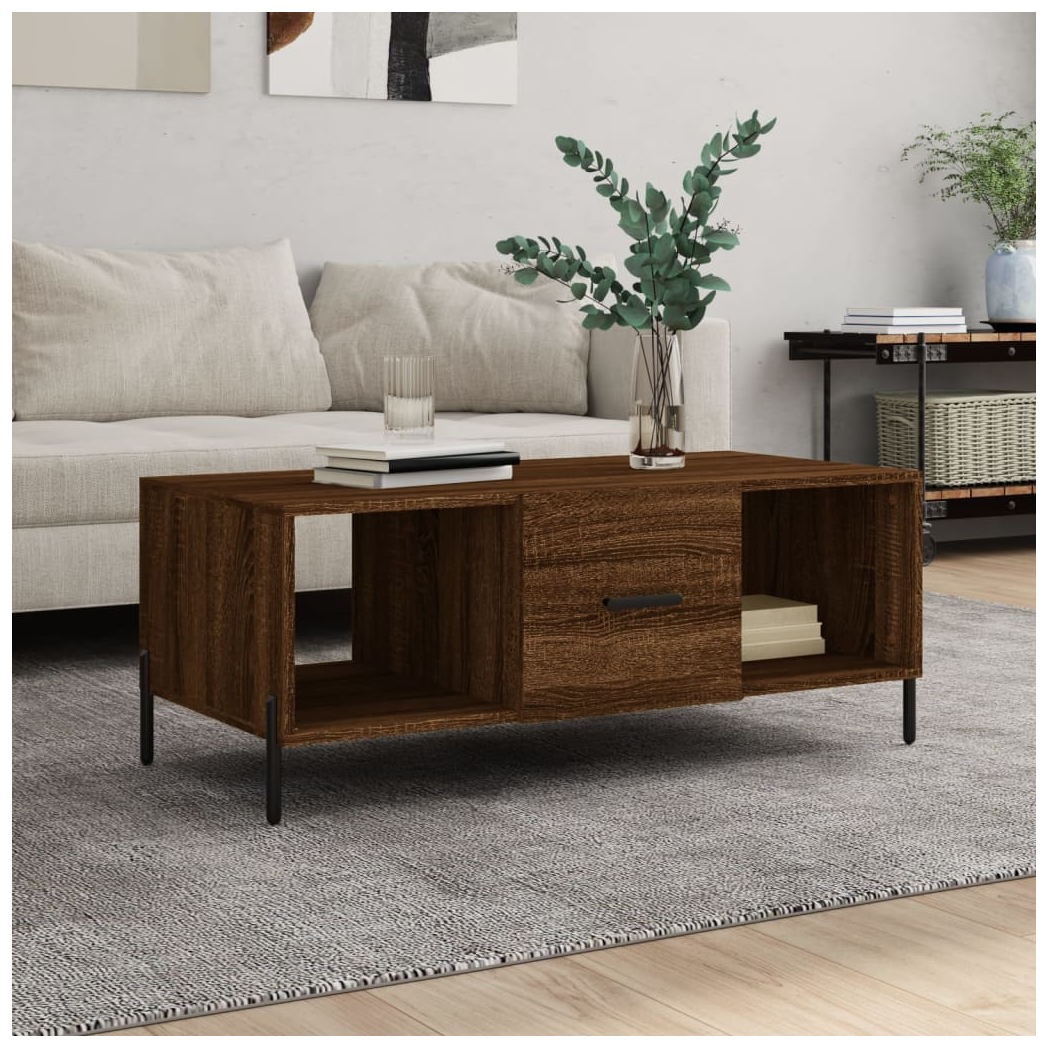 Brown Oak Coffee Table – 102x50x40 cm – Engineered Wood with Iron Frame – Stylish Living Room Furniture