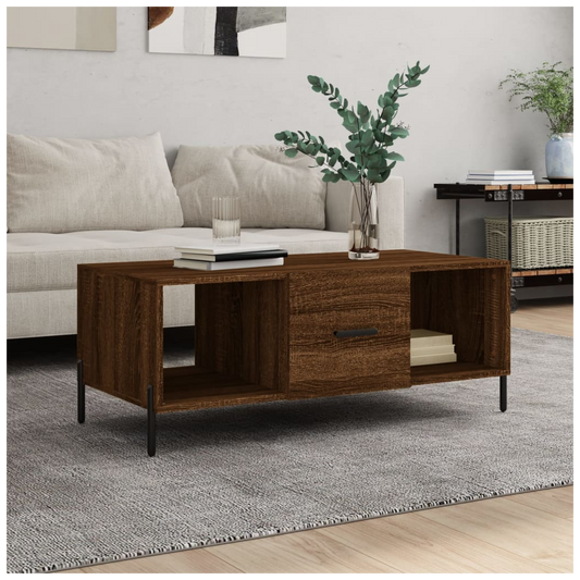 Brown Oak Coffee Table – 102x50x40 cm – Engineered Wood with Iron Frame – Stylish Living Room Furniture