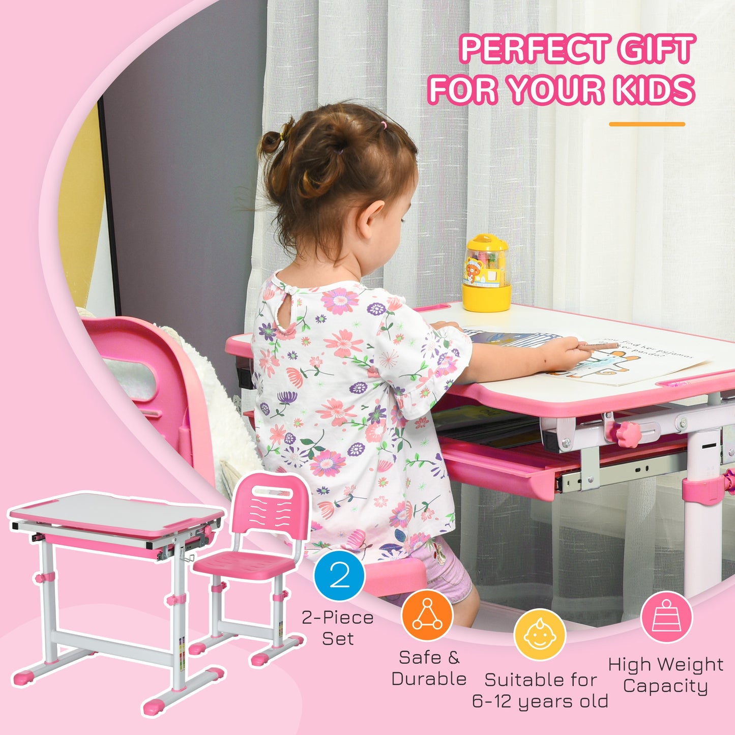 Kids Desk and Chair Set – Height Adjustable with Drawer, Pen Slot & Hook