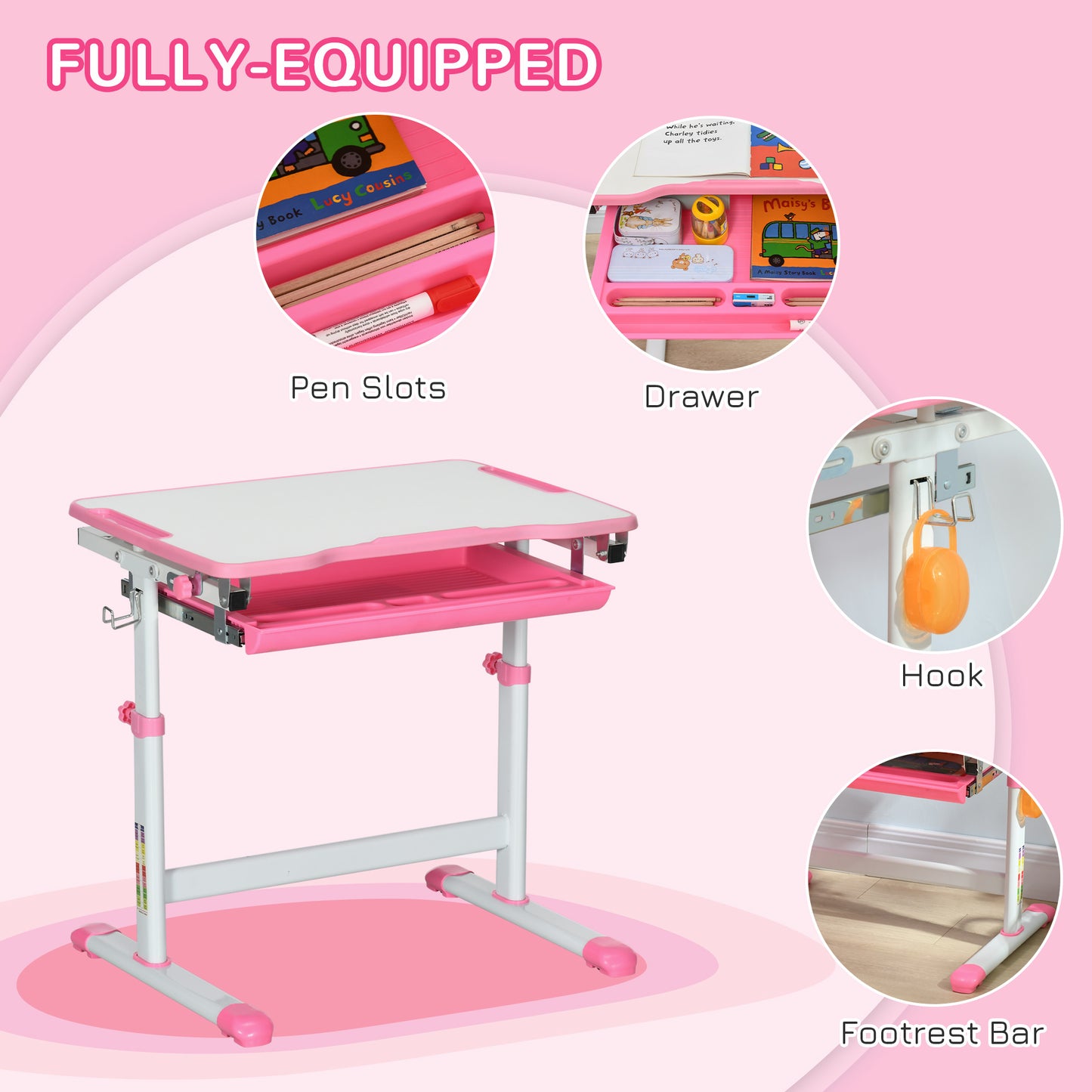 Kids Desk and Chair Set – Height Adjustable with Drawer, Pen Slot & Hook