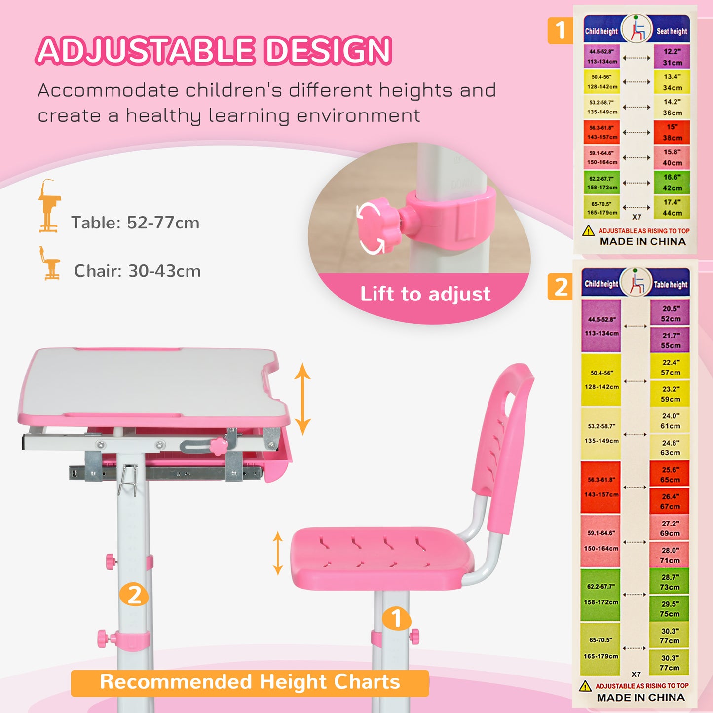 Kids Desk and Chair Set – Height Adjustable with Drawer, Pen Slot & Hook