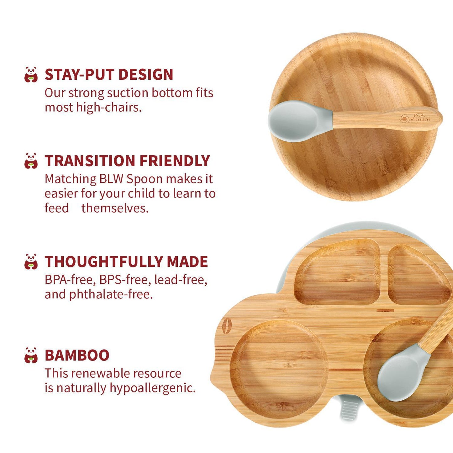 Bamboo Car Plate, Bowl & Spoon Set – Grey | Suction Stay-Put Baby Feeding Set
