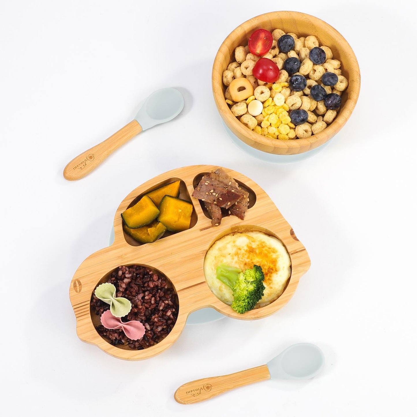 Bamboo Car Plate, Bowl & Spoon Set – Grey | Suction Stay-Put Baby Feeding Set