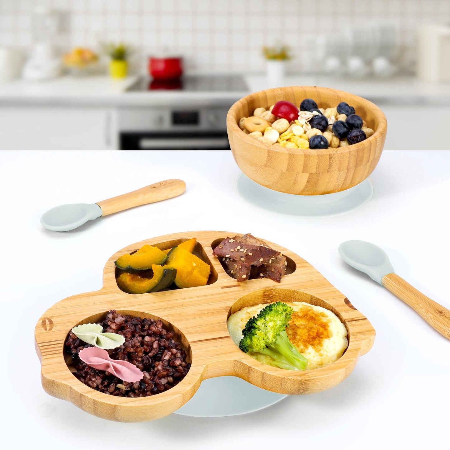 Bamboo Car Plate, Bowl & Spoon Set – Grey | Suction Stay-Put Baby Feeding Set