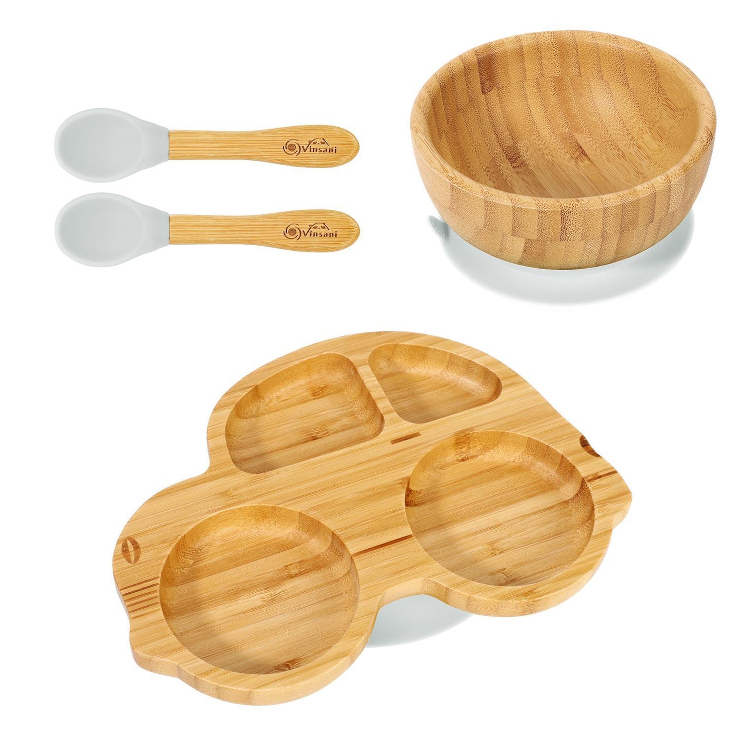 Bamboo Car Plate, Bowl & Spoon Set – Grey | Suction Stay-Put Baby Feeding Set