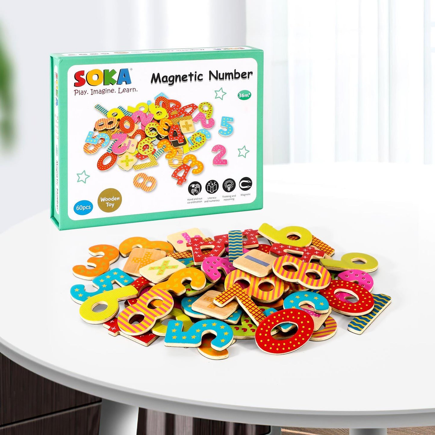SOKA Magnetic Wooden Numbers – 60 pcs | Educational Fridge Toy for Kids 3+