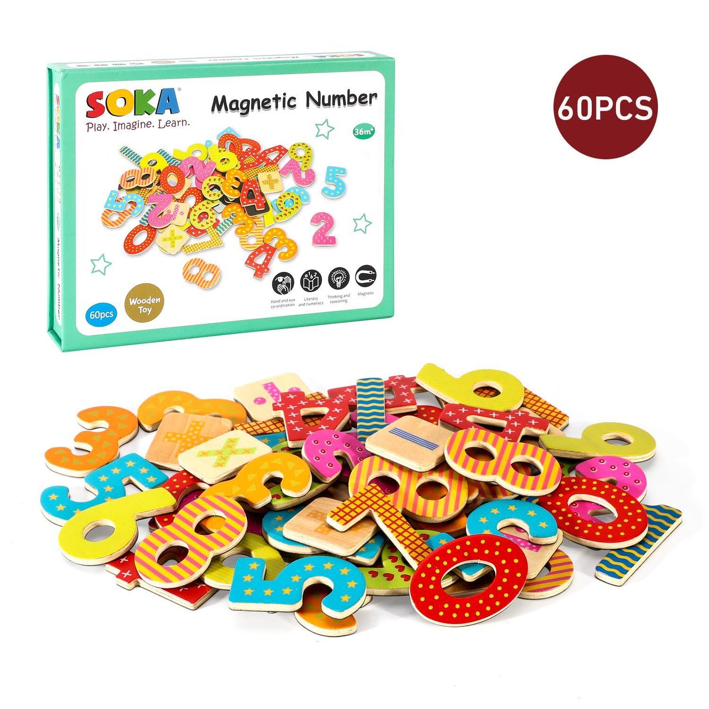 SOKA Magnetic Wooden Numbers – 60 pcs | Educational Fridge Toy for Kids 3+